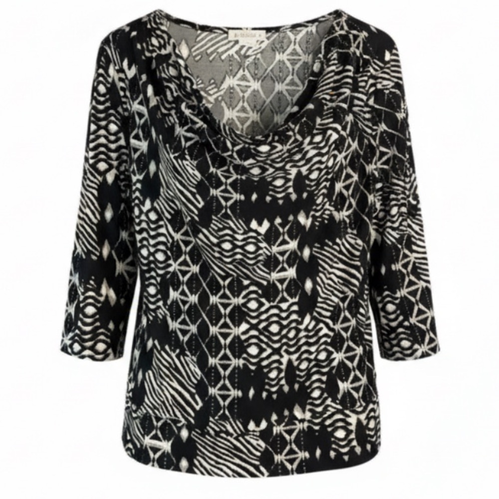 VINTAGE Tradition Printed Cowl Neck Top Black White Grey 3/4 Sleeves Pullover 2X
